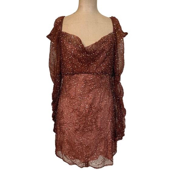 Free People Mini Dress Mademoiselle Brown Beaded Sequin Long Sleeve size Small - Picture 5 of 10